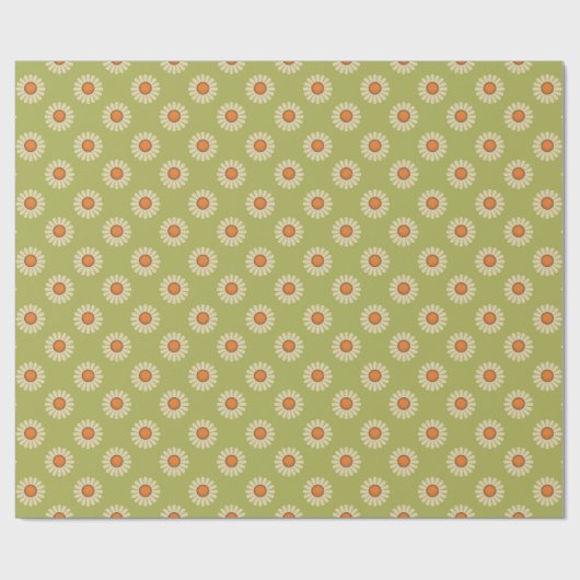 Cream en Oranje Daisies op Avocado Green Pattern Cadeaupapier (Vlak)