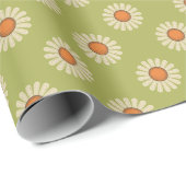 Cream en Oranje Daisies op Avocado Green Pattern Cadeaupapier (Rol Hoek)