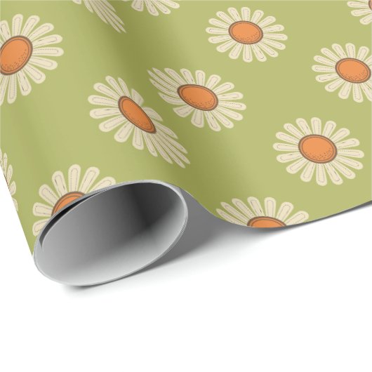 Cream en Oranje Daisies op Avocado Green Pattern Cadeaupapier (Rol Hoek)