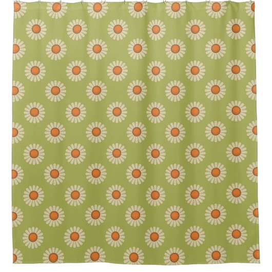 Cream en Oranje Daisies op Avocado Green Pattern Douchegordijn (Voorkant)