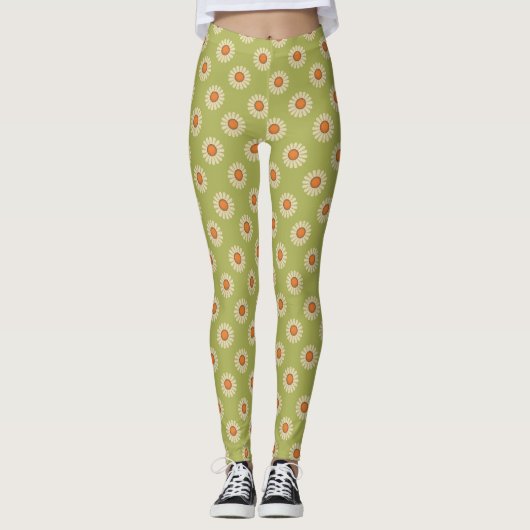 Cream en Oranje Daisies op Avocado Green Pattern Leggings (Voorkant)