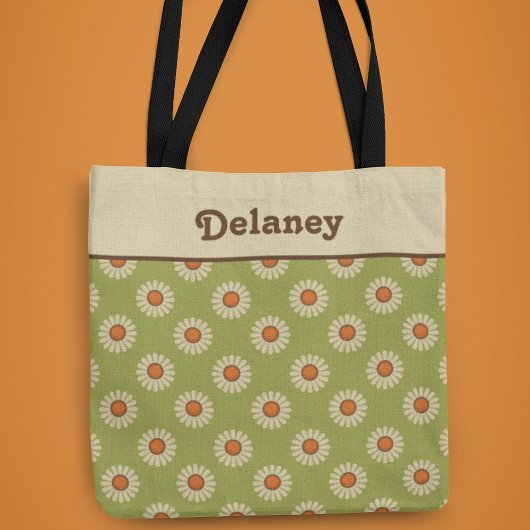 Cream en Oranje Daisies op Avocado Green Pattern Tote Bag