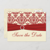Cream en Red Damask Save the Date Briefkaart (Voorkant / Achterkant)