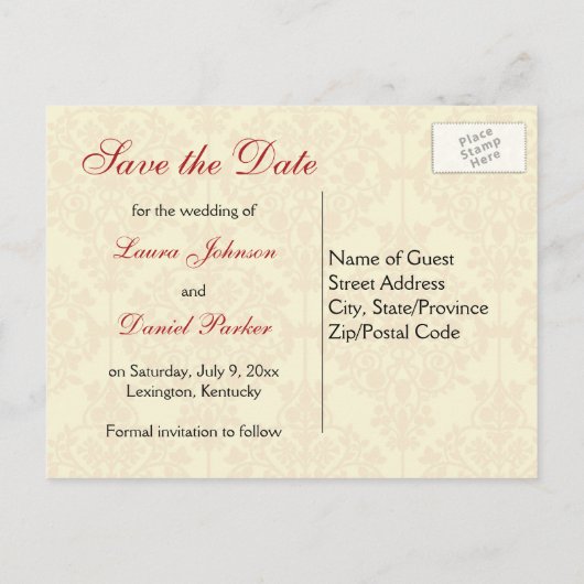 Cream en Red Damask Save the Date Briefkaart (Achterkant)