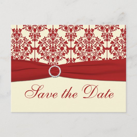 Cream en Red Damask Save the Date Briefkaart (Voorkant)