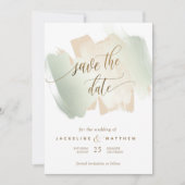 Cream en Sage penseelstreken, Minimale bruiloft op Save The Date (Voorkant)