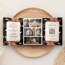 Cream en Terracotta Floral QR Code Black Weddensch Drieluik Uitnodiging