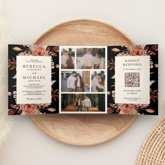 Cream en Terracotta Floral QR Code Black Weddensch Drieluik Uitnodiging