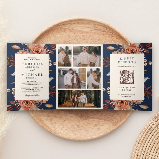 Cream en Terracotta Floral QR Code Navy Wedding Drieluik Uitnodiging