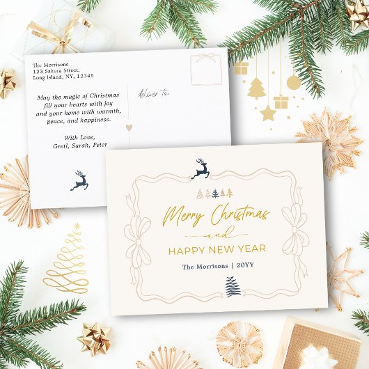 Cream: Feestelijke Bow & Tree Doodles Holiday Brie Feestdagenkaart