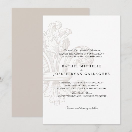 Cream Fleur de lis | Trouwen Kaart (Voorkant / Achterkant)