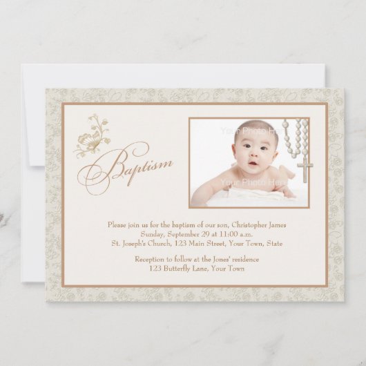 Cream Floral Baptism-fotokaart Kaart (Voorkant)