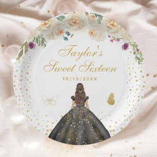 Cream Floral Brunette Hair Princess Sweet Sixteen Papieren Bordje
