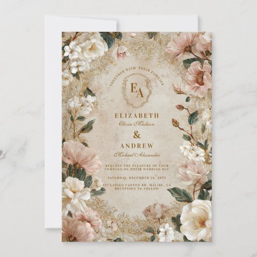  Cream Floral Country Wedding Kaart (Voorkant)