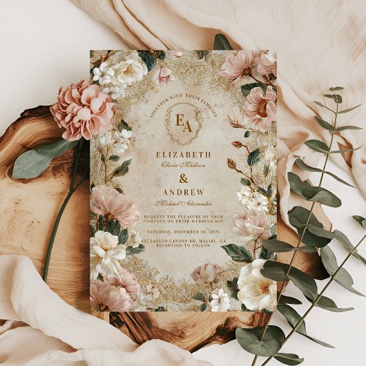  Cream Floral Country Wedding Kaart