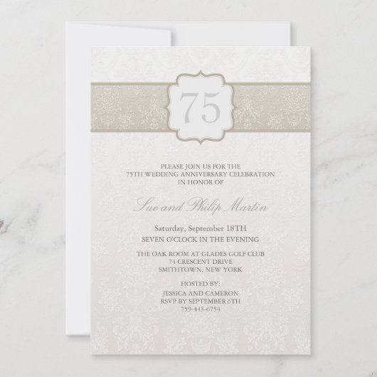 Cream Floral Damask Wedding Jubileum Invite Kaart (Voorkant)