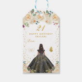 Cream Floral Dark Skin Girl Happy Birthday Cadeaulabel (Voorkant)