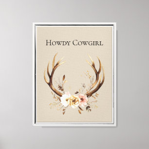 Cream Floral Deer Antlers Cowgirl Canvas Afdruk