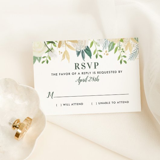 Cream Floral Gold Greenery Wedding RSVP Kaartje