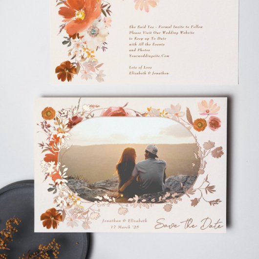 Cream Floral Lijst Foto slaat het Roos Datum op Folie Uitnodiging