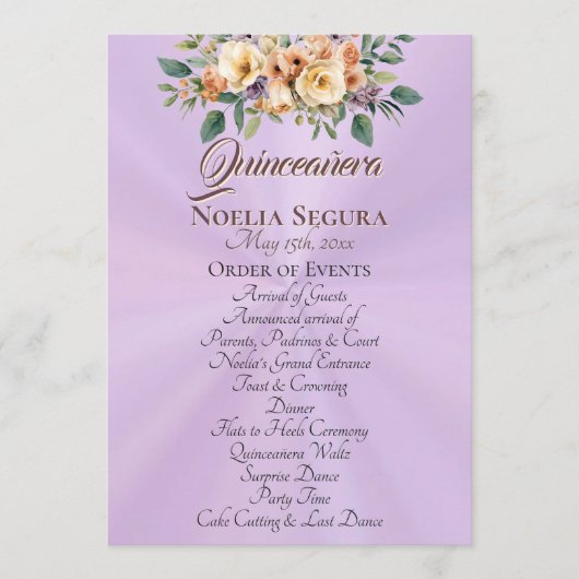 Cream Floral Quinceanera Program - Lavender Programmakaart (Voorkant)