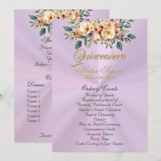 Cream Floral Quinceanera Program - Lavender Programmakaart (Voorkant / Achterkant)