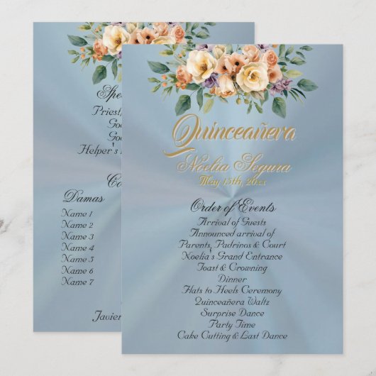 Cream Floral Quinceanera Program - Pastel Blue Programmakaart (Voorkant / Achterkant)