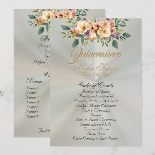 Cream Floral Quinceanera Program - Pastel Green Programmakaart (Voorkant / Achterkant)