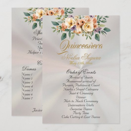 Cream Floral Quinceanera Program - Pearl White Programmakaart (Voorkant / Achterkant)