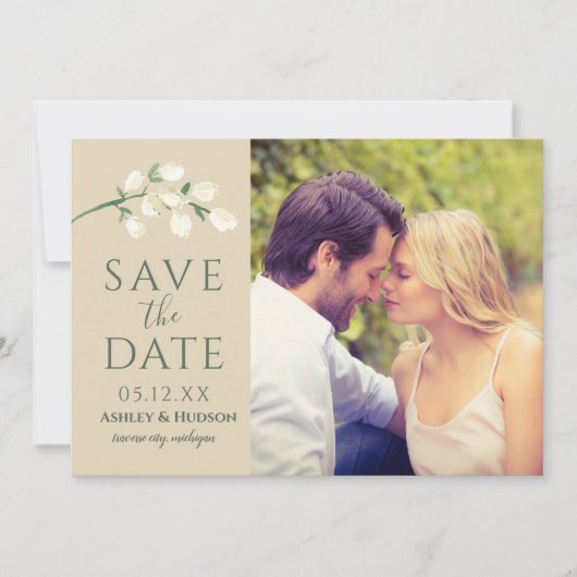 Cream Flowers Green Wedding Photo Save The Date (Voorkant)