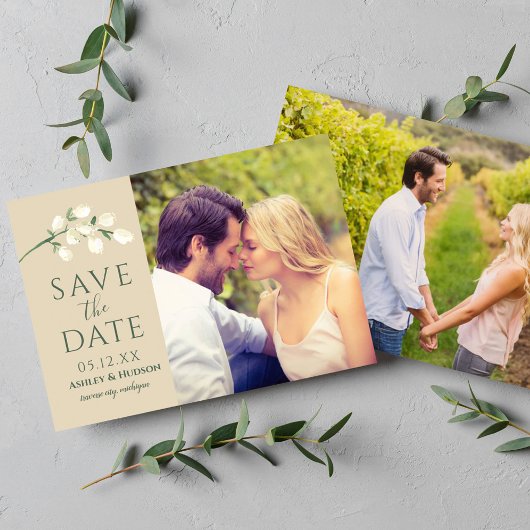 Cream Flowers Green Wedding Photo Save The Date