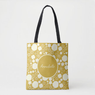 Cream Flowers in Gold Floral Pattern Custom Named Tote Bag