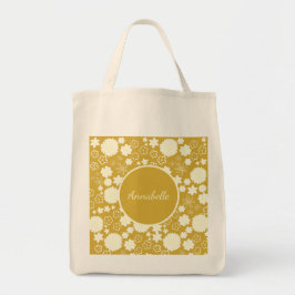 Cream Flowers in Gold Floral Pattern Custom Named Tote Bag