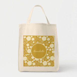 Cream Flowers in Gold Floral Pattern Custom Named Tote Bag