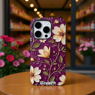 Cream Flowers op Textured Paarse iPhone 16 Pro Hoesje