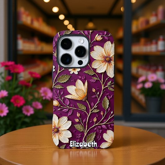 Cream Flowers op Textured Paarse Case-Mate iPhone Case