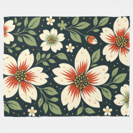 Cream Flowers with Red Centers & Green Leaves Fleece Deken