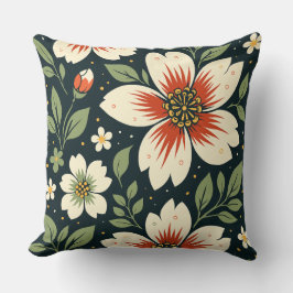 Cream Flowers with Red Centers & Green Leaves Kussen