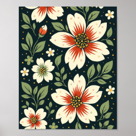 Cream Flowers with Red Centers & Green Leaves Poster