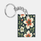 Cream Flowers with Red Centers & Green Leaves Sleutelhanger (Voorkant Links)
