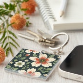 Cream Flowers with Red Centers & Green Leaves Sleutelhanger (Voorkant Rechts)