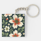 Cream Flowers with Red Centers & Green Leaves Sleutelhanger (Achterkant)