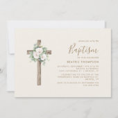 Cream Flowery Cross Modern Script Doop Kaart (Voorkant)