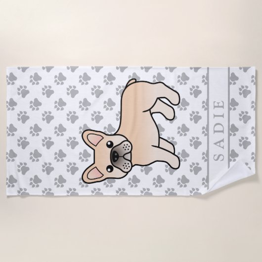 Cream French Bulldog Cute Cartoon Dog & Name Strandlaken (Voorkant)