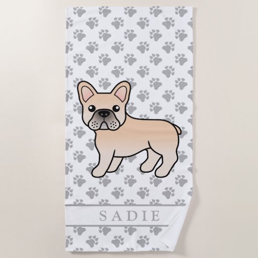 Cream French Bulldog Cute Cartoon Dog & Name Strandlaken (Voorkant)