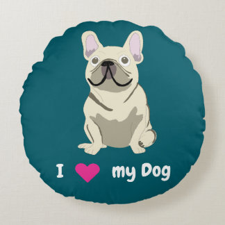 Cream French Bulldog, I Love my Dog Rond Kussen