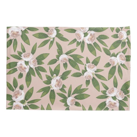 Cream Garden Harmony: Camelia's en groen Kussensloop (Achterkant-Links)