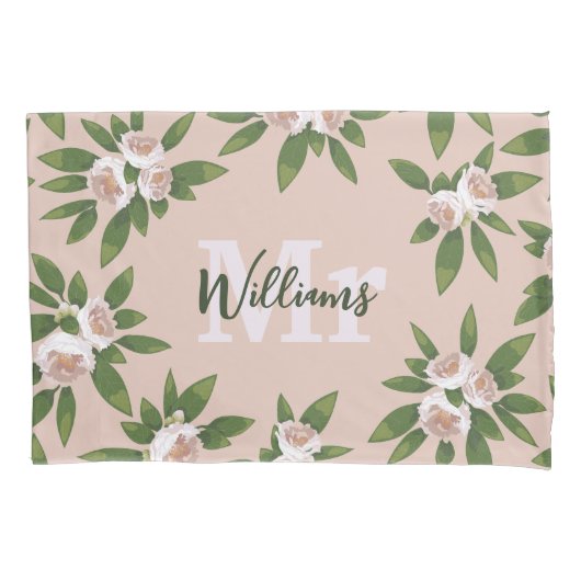 Cream Garden Harmony: Camelia's en groen Kussensloop (Voorkant-Links)