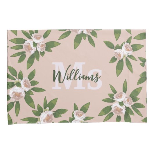 Cream Garden Harmony: Camelia's en groen Kussensloop (Voorkant-Rechts)