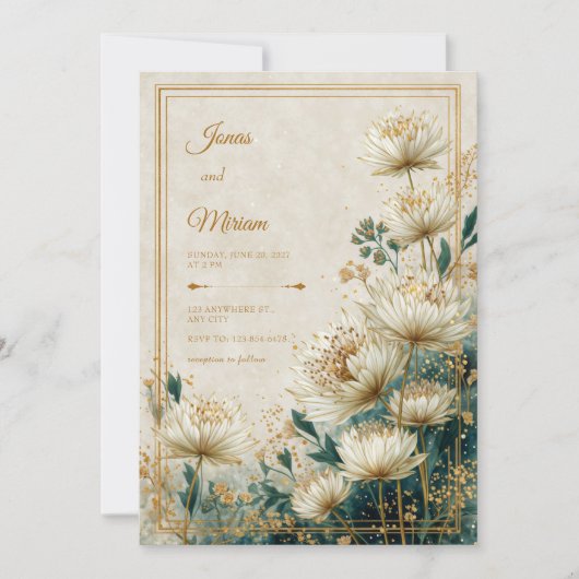 Cream Gilded Astrantia Teal Watercolor Wedding Kaart (Voorkant)